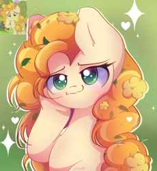 Size: 2350x2550 | Tagged: safe, artist:miryelis, pear butter, earth pony, pony, g4, the perfect pear, cute, female, flower, flower in hair, heart, long hair, mare, raised hoof, screencap reference, smiling, solo, sparkles