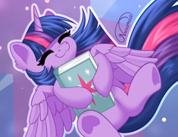 Size: 1974x1520 | Tagged: safe, artist:nuumia, twilight sparkle, alicorn, pony, g4, :3, book, bookhorse, cute, ear fluff, eyes closed, female, happy, hoof heart, hoof hold, horn, mare, outline, signature, smiling, solo, spread wings, that pony sure does love books, twiabetes, twilight sparkle (alicorn), twilight's cutie mark, underhoof, white outline, wing fluff, wings