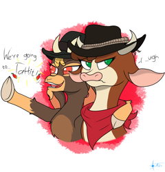 Size: 2500x2600 | Tagged: safe, artist:anix_space, arizona (tfh), shanty (tfh), cow, goat, them's fightin' herds, bandana, cloven hooves, community related, cowboy hat, duo, female, hat, no pupils, red dead redemption 2