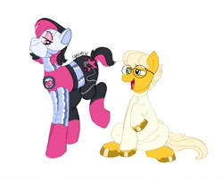 Size: 1051x854 | Tagged: safe, artist:dravenday, earth pony, pony, robot, robot pony, alphys, bucktooth, clothes, duo, duo male and female, female, glasses, lab coat, looking at each other, looking at someone, looking back, male, mare, mettaton, mettaton ex, open mouth, open smile, ponified, raised hoof, raised leg, signature, simple background, sitting, smiling, smug, stallion, strutting, undertale, white background