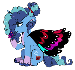 Size: 2058x1920 | Tagged: safe, artist:emera33, misty brightdawn, oc, oc:veneer, butterfly, pony, unicorn, g5, alternate universe, butterfly wings, disguise, disguised changeling, female, floppy ears, horn, lidded eyes, looking at something, mare, sad, simple background, solo, white background, wings