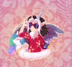 Size: 6935x6460 | Tagged: safe, artist:equmoria, discord, princess celestia, human, g4, absurd resolution, floaty, glass, glasses, grin, horn, horned humanization, horns, humanized, inflatable, inflatable alicorn, inflatable toy, pool toy, smiling, solo, summer, summertime, swanlestia, winged humanization, wings