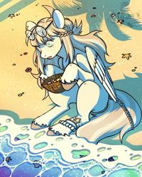 Size: 1602x2000 | Tagged: safe, artist:hells_kazinno, oc, oc only, pegasus, pony, basket, beach, holding, looking at something, seashell, sitting, solo, unshorn fetlocks