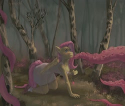 Size: 1280x1084 | Tagged: safe, artist:yudvacof, fluttershy, pegasus, anthro, plantigrade anthro, g4, all fours, clothes, dress, female, forest, i've seen enough hentai to know where this is going, jewelry, nature, pendant, solo, tentacles, tree