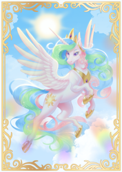 Size: 1614x2283 | Tagged: safe, artist:shibachichi, princess celestia, alicorn, pony, g4, cloud, cutie mark eyes, female, flying, mare, solo, sun, wingding eyes