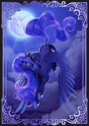 Size: 1614x2283 | Tagged: safe, artist:shibachichi, princess luna, alicorn, pony, g4, border, cloud, cutie mark eyes, female, flying, full moon, hoof shoes, jewelry, mare, mare in the moon, moon, night, peytral, princess shoes, tiara, wingding eyes, wings, wings down