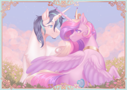 Size: 2283x1614 | Tagged: safe, artist:shibachichi, princess cadance, shining armor, alicorn, pony, unicorn, g4, beard, crossed horns, cutie mark eyes, duo, duo male and female, facial hair, female, field, horn, horn ring, horns are touching, looking at each other, looking at someone, lying down, male, mare, married couple, prone, ring, ship:shiningcadance, shipping, stallion, straight, wingding eyes