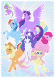 Size: 1614x2283 | Tagged: safe, artist:shibachichi, applejack, fluttershy, pinkie pie, rainbow dash, rarity, spike, twilight sparkle, alicorn, butterfly, dragon, earth pony, pegasus, pony, unicorn, g4, butterfly on nose, chest fluff, cutie mark eyes, female, gem, horn, insect on nose, male, mane seven, mane six, mare, twilight sparkle (alicorn), unshorn fetlocks, wingding eyes, winged spike, wings