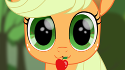 Size: 1920x1080 | Tagged: safe, artist:k. dale, applejack, earth pony, pony, g4, :3, apple, blurry background, bust, cute, detailed eyes, female, food, looking at you, mare, movie accurate, solo