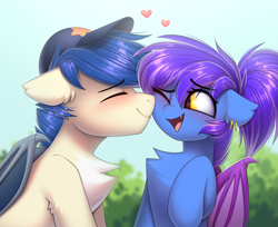 Size: 2451x2000 | Tagged: safe, artist:starlyfly, oc, oc only, oc:evening lily, oc:moonshot, bat pony, pony, bat pony oc, bat wings, blushing, cap, chest fluff, cute, duo, duo male and female, eveshot, eyebrows, eyebrows visible through hair, eyes closed, female, floppy ears, hat, heart, high res, male, mare, oc x oc, ocbetes, one eye closed, open mouth, open smile, shipping, smiling, stallion, straight, wings