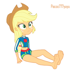 Size: 1194x1135 | Tagged: safe, artist:paco777yuyu, applejack, equestria girls, g4, barefoot, clothes, feet, female, fetish, foot fetish, hat, simple background, soles, solo, swimsuit, transparent background