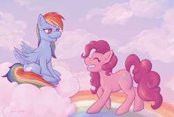 Size: 2048x1387 | Tagged: safe, artist:starryducks, pinkie pie, rainbow dash, earth pony, pegasus, pony, g4, backwards cutie mark, cloud, duo, duo female, female, grin, looking at each other, looking at someone, mare, on a cloud, partially open wings, rainbow, sitting, sitting on a cloud, smiling, smiling at each other, wings