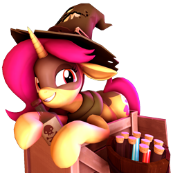 Size: 1080x1080 | Tagged: safe, artist:myahster, artist:sgt.acey, oc, oc only, oc:mystery brew, unicorn, 3d, barrel, box, crate, female, hat, horn, looking at you, mare, potion, simple background, solo, source filmmaker, transparent background, witch hat