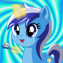 Size: 1980x1986 | Tagged: safe, artist:codenamekid, minuette, pony, unicorn, g4, background pony, cute, female, glowing, glowing horn, highlights, horn, looking at you, magic, mare, minubetes, open mouth, open smile, shading, smiling, solo, swirl, telekinesis, toothbrush, toothpaste