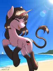 Size: 2250x3000 | Tagged: safe, artist:dash wang, pony, unicorn, beach, boat, female, horn, ocean, solo, sun, water