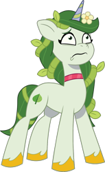 Size: 696x1136 | Tagged: safe, artist:prixy05, leaf pony, pony, unicorn, g5, my little pony: tell your tale, choker, female, flower, horn, leaf, leaves, leaves in hair, mare, scared, simple background, solo, transparent background, vector