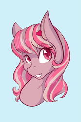 Size: 1365x2048 | Tagged: safe, artist:mscolorsplash, oc, oc only, pony, bust, colored pupils, eyebrows, eyebrows visible through hair, female, grin, hairclip, light blue background, mare, simple background, smiling, solo