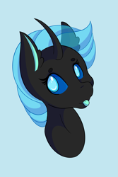 Size: 1365x2048 | Tagged: safe, artist:mscolorsplash, oc, oc only, changeling, blue changeling, blue sclera, bust, changeling oc, female, light blue background, no pupils, simple background, solo, tongue out