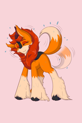 Size: 1365x2048 | Tagged: safe, artist:mscolorsplash, oc, oc only, fox, hybrid, kirin, behaving like a dog, eyes closed, kirin oc, looking at you, pink background, shaking, simple background, smiling, smiling at you, solo, unshorn fetlocks, water