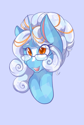 Size: 1365x2048 | Tagged: safe, artist:mscolorsplash, oc, oc only, oc:carina, crystal pony, pony, unicorn, bust, colored pupils, crystallized, eye clipping through hair, female, glasses, hair ornament, horn, light blue background, mare, open mouth, open smile, ponified, ponified oc, simple background, smiling, solo