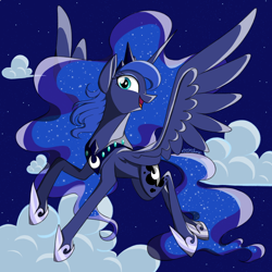 Size: 1080x1080 | Tagged: safe, artist:astralune, derpibooru exclusive, princess luna, alicorn, pony, g4, cloud, concave belly, ethereal mane, jewelry, looking at you, night, open mouth, regalia, signature, smiling, smiling at you, solo, spread wings, starry mane, stars, thin, wings