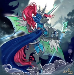 Size: 1458x1463 | Tagged: safe, artist:martazap3, oc, oc only, oc:nazalik, alicorn, pony, armor, fog, horn, magic, night, smiling, solo, spread wings, sword, weapon, wings