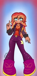 Size: 1011x2048 | Tagged: safe, artist:ru, sunset shimmer, human, g4, 2024, big feet, boots, clothes, female, gradient background, human female, humanized, jacket, looking at you, pants, raised finger, shirt, shoes, signature, solo, tan skin