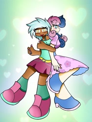 Size: 1621x2155 | Tagged: safe, artist:ru, bon bon, lyra heartstrings, sweetie drops, human, g4, big feet, blushing, boots, clothes, dark skin, dress, duo, duo female, female, heart, heart background, humanized, lesbian, light skin, open mouth, open smile, painted nails, ship:lyrabon, shipping, shirt, shoes, skirt, smiling, socks