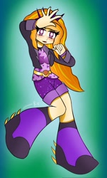 Size: 1241x2048 | Tagged: safe, artist:ru, adagio dazzle, human, equestria girls, g4, 2024, big feet, boots, clothes, gradient background, jacket, looking at you, open mouth, shirt, shoes, shorts, signature, solo