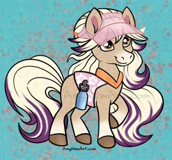 Size: 2048x1906 | Tagged: safe, artist:amynewblue, horse, 2024, bailey (wild manes), clothes, female, mare, raised hoof, signature, smiling, solo, tail, unshorn fetlocks, visor cap, water bottle, watermark, wild manes