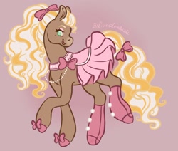 Size: 2048x1737 | Tagged: safe, artist:livinglem0nade, horse, 2024, beauty mark, bow, cherie (wild manes), female, hair bow, hoof shoes, mare, open mouth, open smile, raised hoof, raised leg, signature, simple background, smiling, solo, standing on two hooves, tail, tail bow, wild manes