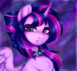 Size: 2590x2400 | Tagged: safe, artist:lina, twilight sparkle, alicorn, pony, g4, alternate hairstyle, bust, chest fluff, choker, chokertwi, collar, curved horn, female, galaxy background, horn, jewelry, lacrimal caruncle, looking at you, mare, partially open wings, portrait, punklight sparkle, regalia, smiling, smiling at you, solo, space, spiked collar, swirly horn, twilight sparkle (alicorn), wings