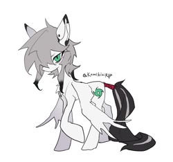 Size: 1436x1342 | Tagged: safe, artist:kamikiririp, oc, oc only, pegasus, pony, black tail, colored, colored eartips, ear piercing, earring, flat colors, gray mane, green eyes, jewelry, lidded eyes, looking at you, narrowed eyes, no mouth, pegasus oc, piercing, raised hoof, signature, simple background, slit pupils, solo, standing, standing on three hooves, tail, teal eyes, thin, thin legs, tied tail, two toned mane, two toned tail, white background, white coat, wings, wings down