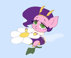 Size: 3008x2480 | Tagged: safe, artist:anastas, pipp petals, bee, bee pony, bumblebee, hybrid, insect, original species, pegasus, pony, g5, adorapipp, bumblebipp, chibi, cute, daisy (flower), female, flower, insect wings, looking at you, pipp is short, pipp is smol, smol, solo, species swap, wings