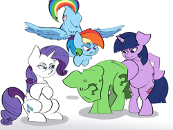 Size: 4800x3600 | Tagged: safe, artist:ponny, rainbow dash, rarity, twilight sparkle, oc, oc:anon, oc:anon stallion, earth pony, pegasus, pony, unicorn, g4, angry, belly, bipedal, colored, crossed hooves, drawthread, ears back, female, floppy ears, flying, frown, grumpy, horn, male, mare, nervous, nervous sweat, preggity, preggo dash, preglight sparkle, pregnant, requested art, simple background, stallion, sweat, sweatdrop, unicorn twilight, white background