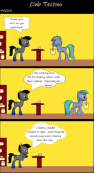 Size: 1920x3516 | Tagged: safe, artist:techno-babble, oc, oc only, oc:techno babble, earth pony, pony, comic:club techno, series:technoverse, g4, 3 panel comic, 3d, comic, duo, male, slice of life, speech bubble, stallion, thought bubble