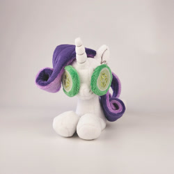 Size: 1000x1000 | Tagged: safe, artist:larsen toys, rarity, original species, pony, unicorn, g4, cucumber, female, food, horn, irl, lying down, mare, photo, plushie, pony plushie, prone, solo