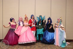 Size: 3300x2200 | Tagged: safe, artist:maddymoiselle, artist:mieucosplay, artist:sarahndipity cosplay, artist:shelbeanie, princess cadance, princess celestia, princess flurry heart, princess luna, queen chrysalis, shining armor, twilight sparkle, human, bronycon, bronycon 2019, g4, clothes, cosplay, costume, female, high res, irl, irl human, photo, royal sisters, siblings, sisters