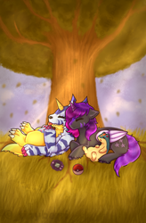 Size: 1000x1520 | Tagged: safe, artist:_tinyberri, oc, oc:ella starshade, gabumon, hybrid, quilava, commission, cuddling, digimon, digivice, falling leaves, leaves, poké ball, pokémon, sleeping, tree