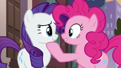 Size: 1920x1080 | Tagged: safe, screencap, pinkie pie, rarity, earth pony, pony, unicorn, g4, my little pony: friendship is magic, season 6, the gift of the maud pie, duo, duo female, female, holding head, horn, looking at each other, mare, shipping fuel, smiling, smiling at each other