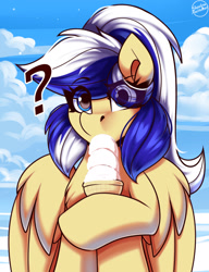 Size: 1500x1950 | Tagged: safe, artist:shadowreindeer, oc, oc only, oc:animatedpony, pegasus, pony, blue eyes, bust, cloud, eating, eyebrows, food, hoof hold, ice cream, ice cream cone, looking at you, pegasus oc, ponytail, portrait, question mark, raised eyebrow, reward, sky, solo