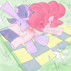 Size: 1100x1100 | Tagged: artist needed, safe, pinkie pie, twilight sparkle, earth pony, unicorn, g4, /mlp/, balloonbutt, butt, duo, duo female, female, flower, horn, over the knee, picnic, picnic blanket, reddened butt, spank mark, spanked, spanking, traditional art, unicorn twilight