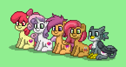 Size: 580x308 | Tagged: safe, apple bloom, babs seed, gabby, scootaloo, sweetie belle, earth pony, griffon, pegasus, pony, unicorn, pony town, g4, cutie mark crusaders, green background, group, horn, quintet, simple background