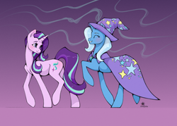 Size: 2000x1428 | Tagged: safe, artist:lilitepsilon, starlight glimmer, trixie, pony, unicorn, g4, cape, clothes, duo, duo female, eyes closed, female, gradient background, grin, horn, mare, smiling, trixie's cape, walking