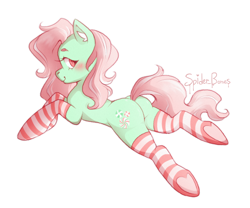 Size: 1200x1000 | Tagged: safe, artist:spiderbones, minty, earth pony, pony, g3, blushing, butt, clothes, ear fluff, eyelashes, female, green coat, looking at you, looking back, looking back at you, lying down, mare, pink mane, pink tail, plot, prone, rear view, simple background, smiling, smiling at you, socks, solo, striped socks, tail, thigh highs, white background