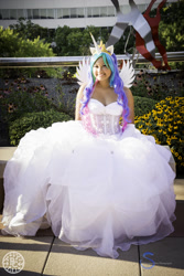 Size: 1500x2250 | Tagged: safe, princess celestia, human, bronycon, bronycon 2018, g4, bare shoulders, clothes, cosplay, costume, irl, irl human, photo, sitting, solo