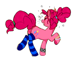 Size: 2169x1698 | Tagged: safe, artist:smeevel27, pinkie pie, earth pony, pony, g4, alternate hairstyle, bracelet, clothes, curly mane, curly tail, eyelashes, eyes closed, female, glowing, grin, hair bun, hairband, jewelry, raised hoof, simple background, smiling, socks, solo, striped socks, tail, tail tie, transparent background, wristband