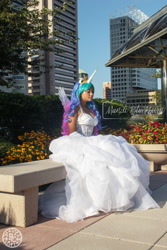 Size: 1500x2250 | Tagged: safe, princess celestia, human, bronycon, bronycon 2018, g4, clothes, cosplay, costume, irl, irl human, photo, sitting, solo