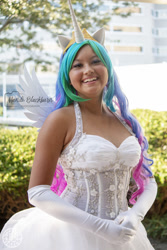 Size: 1500x2250 | Tagged: safe, princess celestia, human, bronycon, bronycon 2018, g4, bare shoulders, clothes, cosplay, costume, gloves, irl, irl human, long gloves, photo, solo