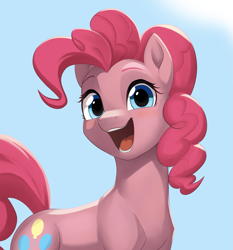 Size: 2555x2736 | Tagged: safe, artist:sierraex, pinkie pie, earth pony, pony, g4, blue eyes, cute, day, diapinkes, female, gradient background, happy, looking at you, mare, open mouth, open smile, shading, smiling, solo